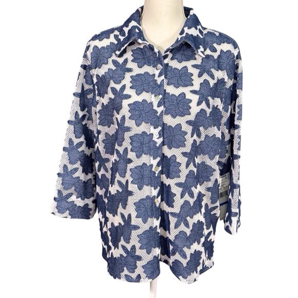 Alfred Dunner Tops - Alfred Dunner Mesh Overlay Button-Up Shirt Petite XL Blue Bayou Floral Appliqués